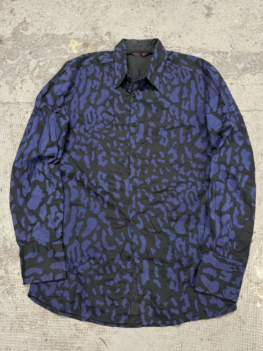 2000s Roberto Cavalli Blue Geometrical Patchwork Black Shirt (S) tsUZCGi 0