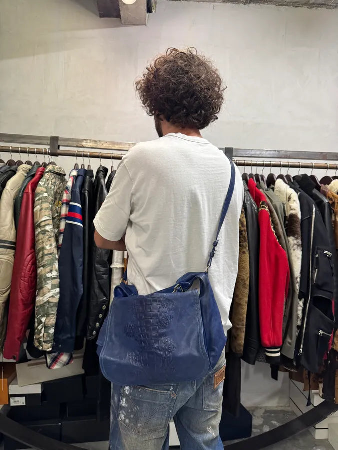 2000s Roberto Cavalli Blue Leather Crocodile Effect Handle Bag FKclQqI 1