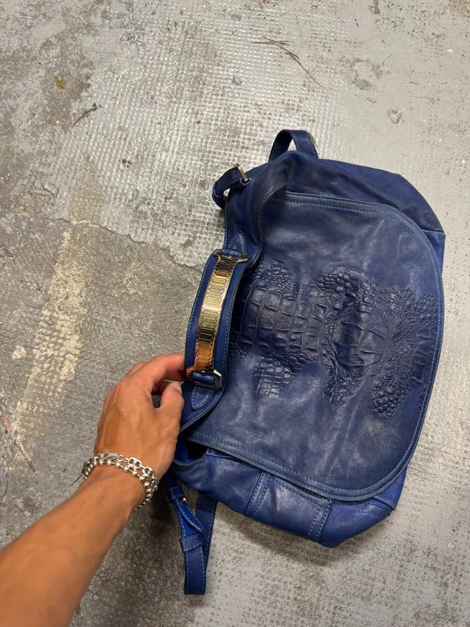 2000s Roberto Cavalli Blue Leather Crocodile Effect Handle Bag FKclQqI 12