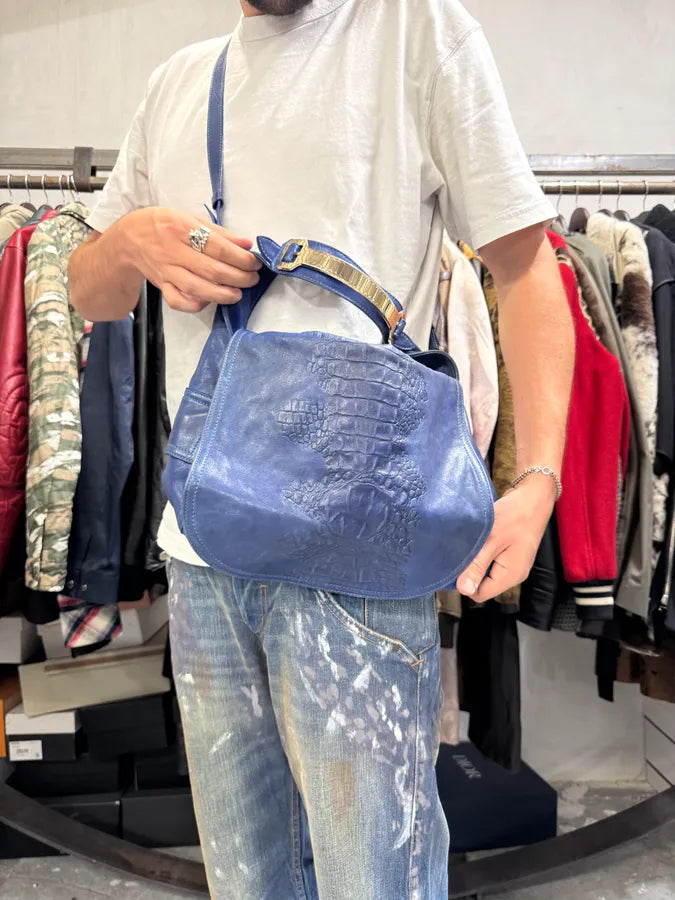 2000s Roberto Cavalli Blue Leather Crocodile Effect Handle Bag FKclQqI 2