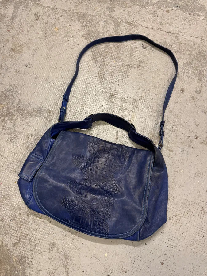2000s Roberto Cavalli Blue Leather Crocodile Effect Handle Bag FKclQqI 3