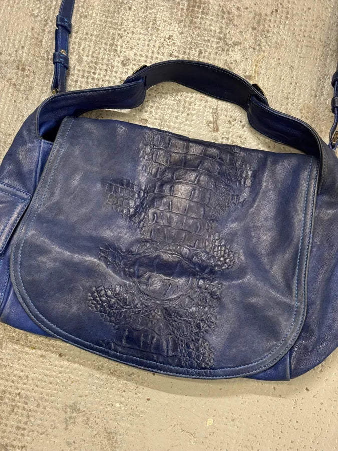 2000s Roberto Cavalli Blue Leather Crocodile Effect Handle Bag FKclQqI 4