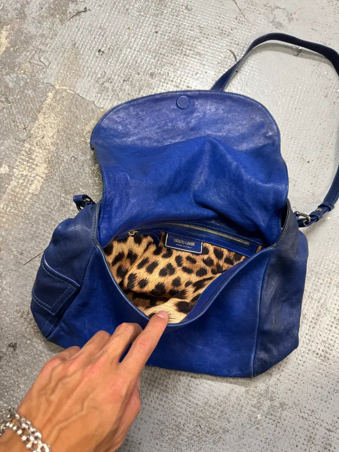2000s Roberto Cavalli Blue Leather Crocodile Effect Handle Bag FKclQqI 9