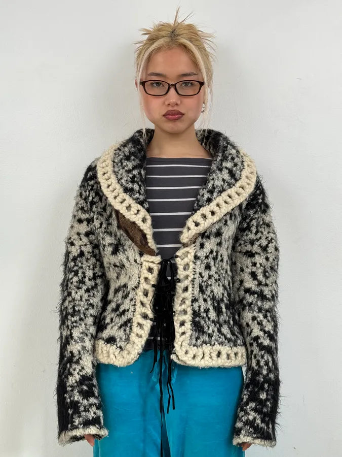 2000s Roberto Cavalli Black & White Leopard Wool Cardigan Jacket NZtyOGS 1