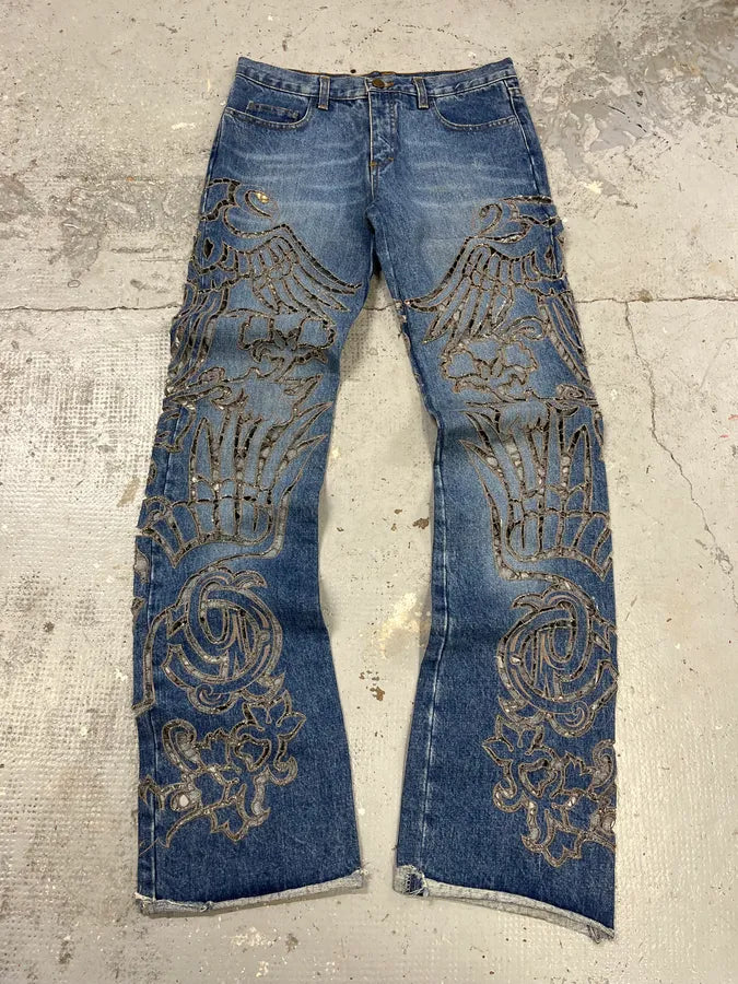 2000s Roberto Cavalli Blue Royal Lazer Cut Denim Jeans srafTpd 0