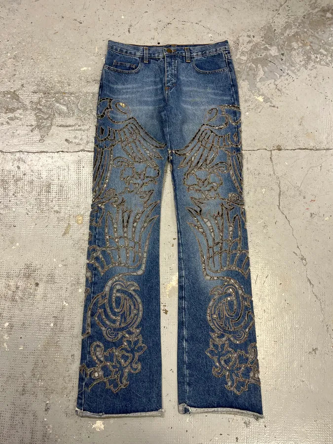 2000s Roberto Cavalli Blue Royal Lazer Cut Denim Jeans srafTpd 1