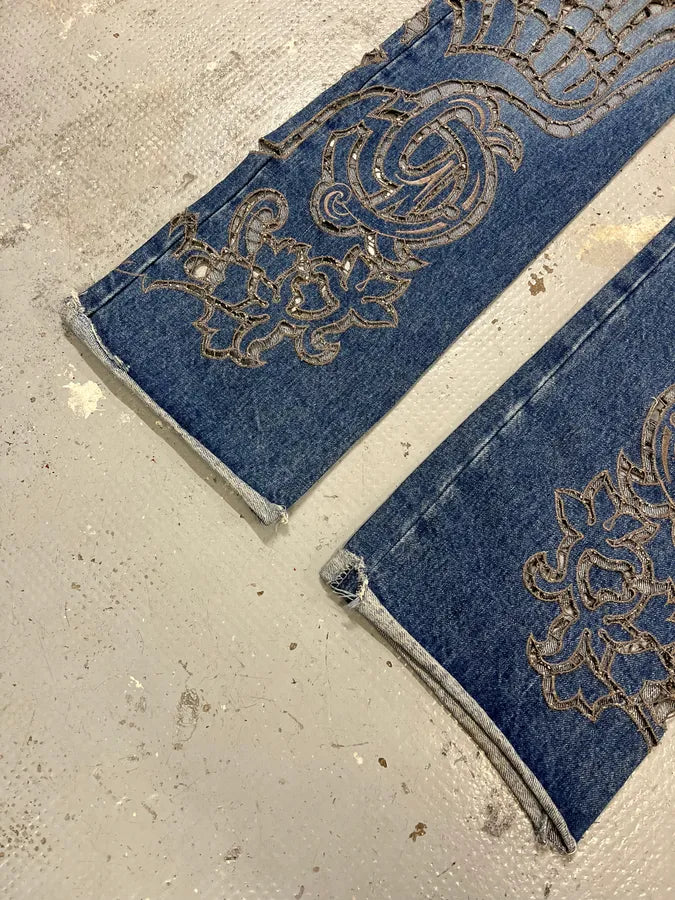 2000s Roberto Cavalli Blue Royal Lazer Cut Denim Jeans srafTpd 2