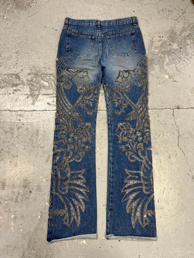 2000s Roberto Cavalli Blue Royal Lazer Cut Denim Jeans srafTpd 4