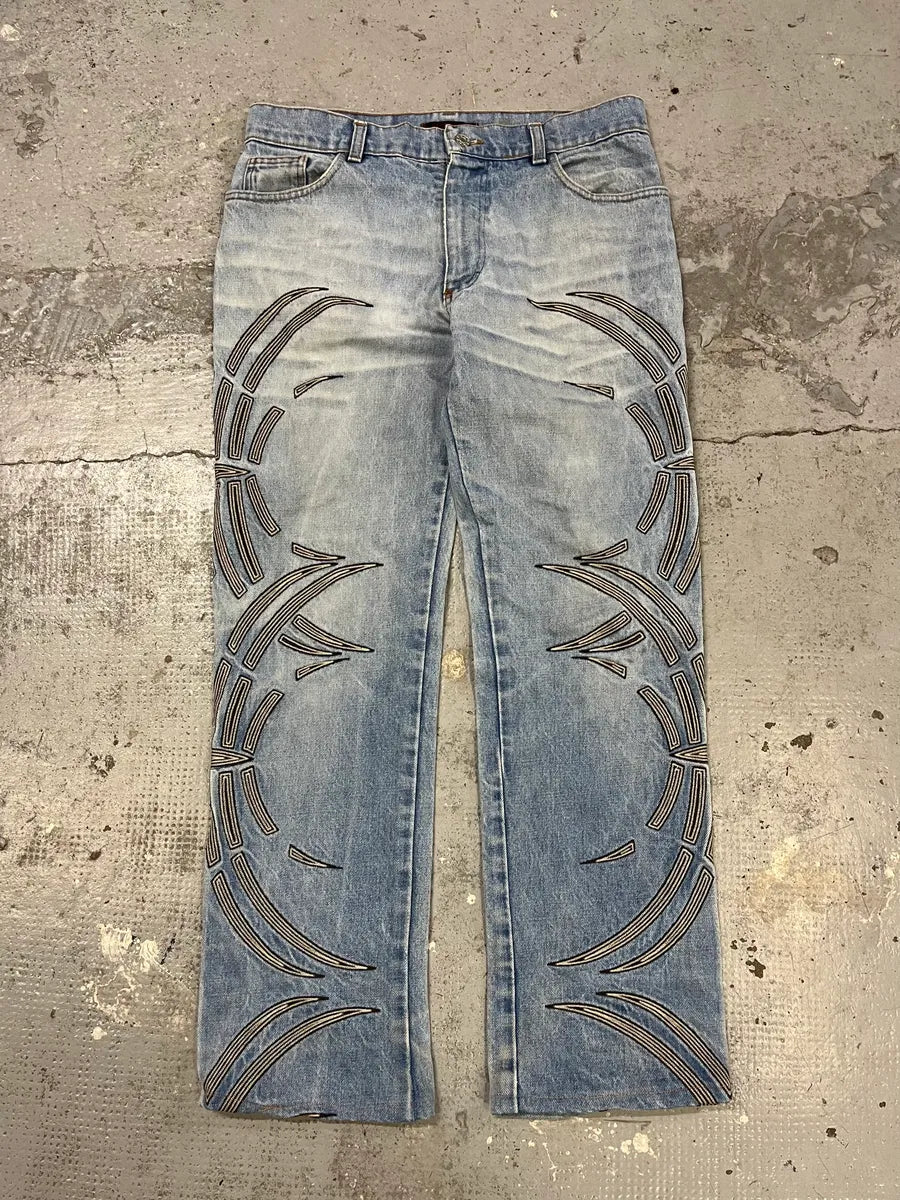 2000s Roberto Cavalli Blue Tribal Art Denim Jeans YwRunqx 0