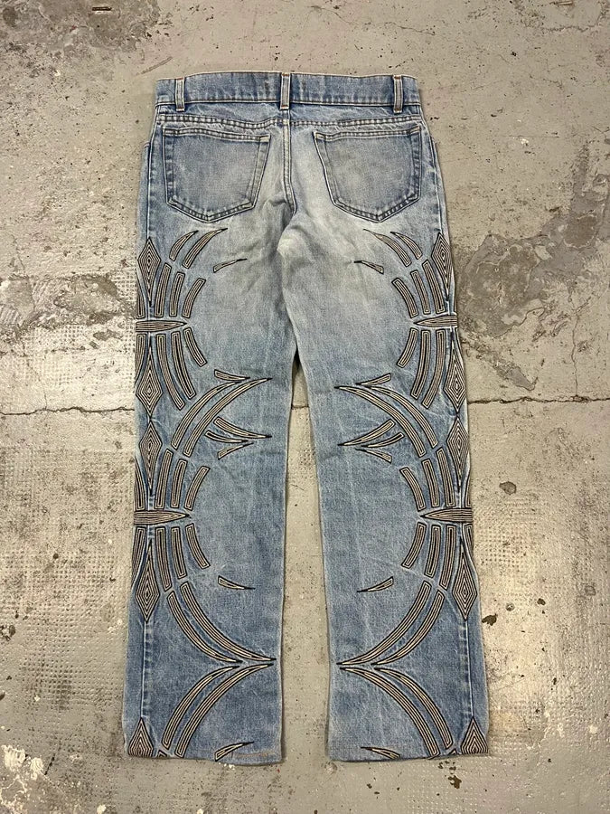 2000s Roberto Cavalli Blue Tribal Art Denim Jeans YwRunqx 6