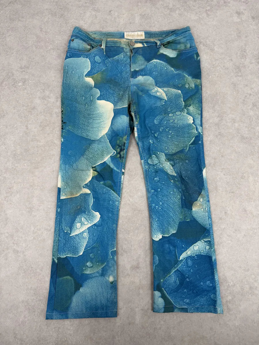 2000s Roberto Cavalli Blue Wet Leaves Print Pants cwaoJHQ 0