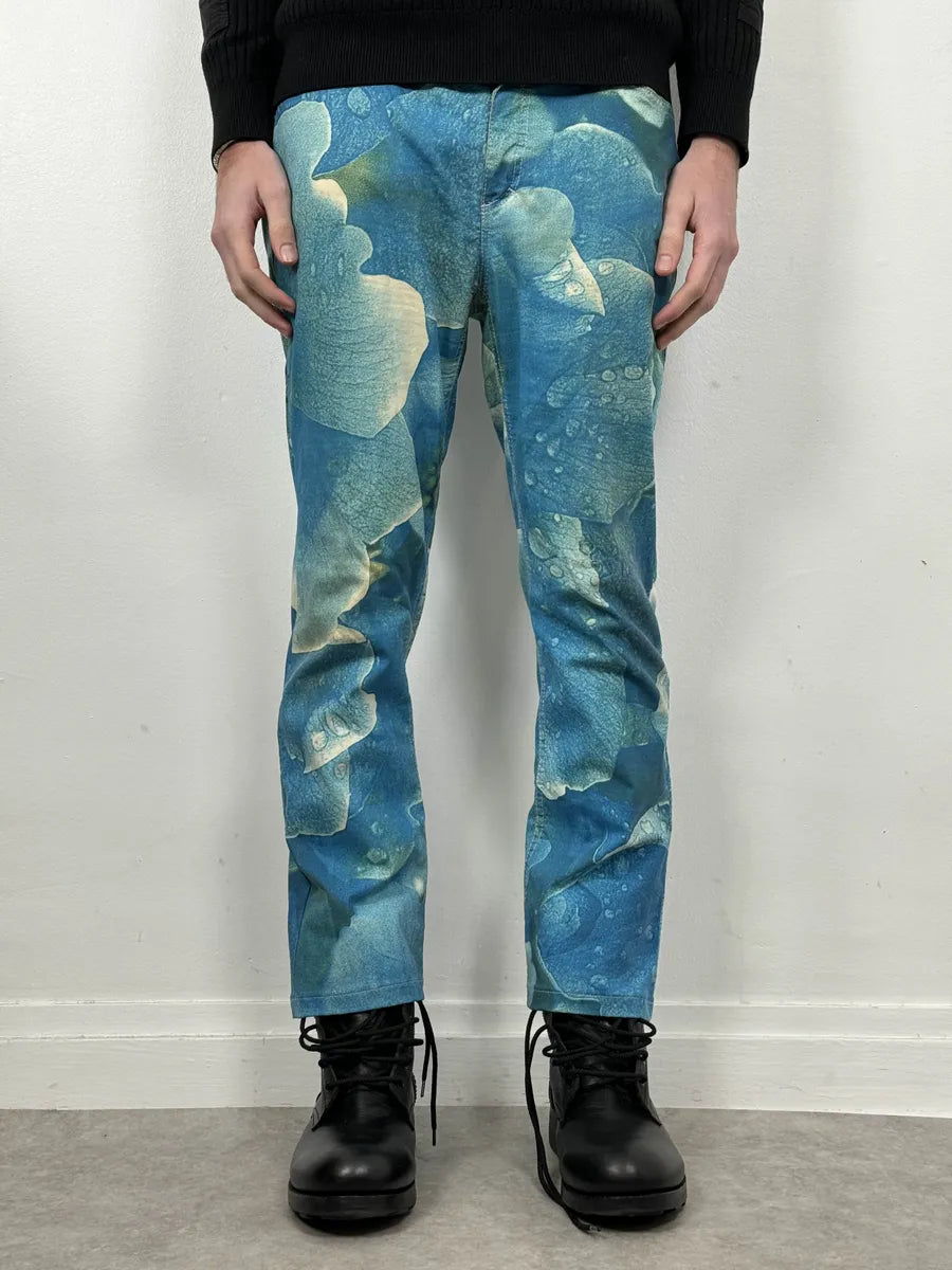 2000s Roberto Cavalli Blue Wet Leaves Print Pants cwaoJHQ 2