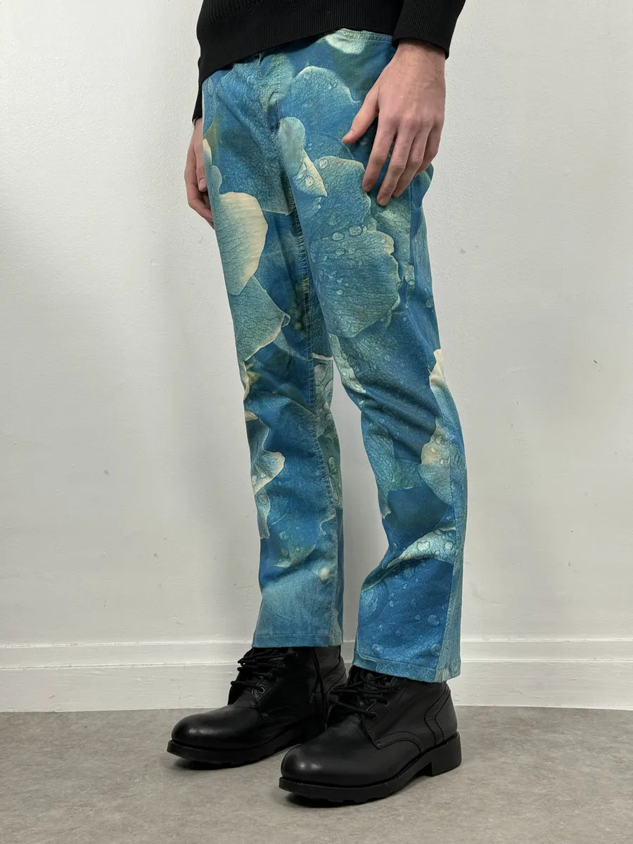 2000s Roberto Cavalli Blue Wet Leaves Print Pants cwaoJHQ 3