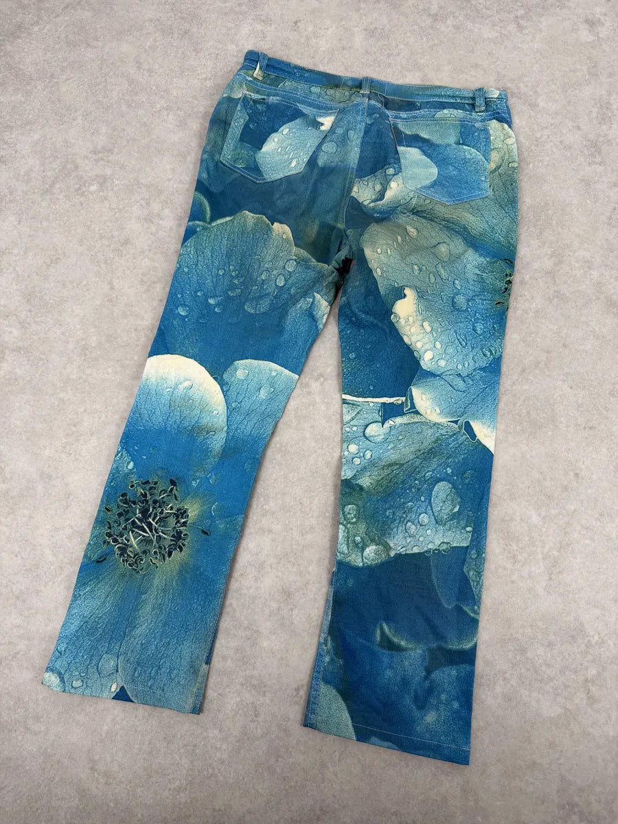 2000s Roberto Cavalli Blue Wet Leaves Print Pants cwaoJHQ 5