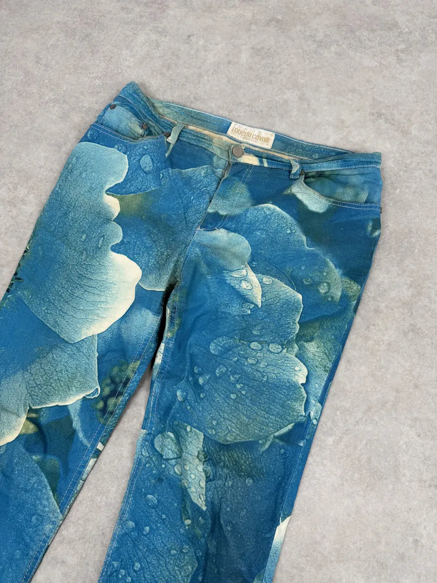 2000s Roberto Cavalli Blue Wet Leaves Print Pants cwaoJHQ 9