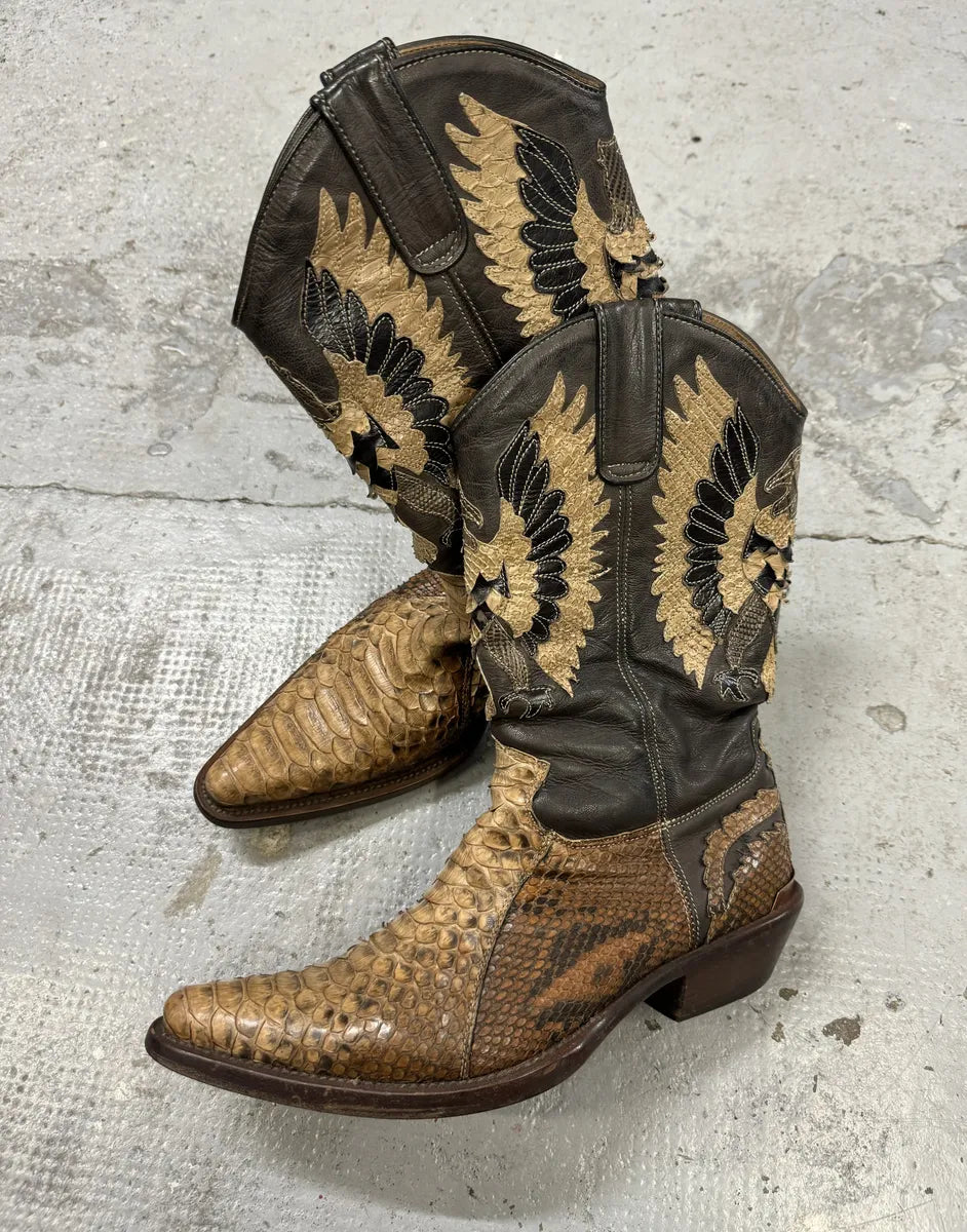 2000s Roberto Cavalli Brown & Beige Ankle Western Python Leather Boots iRsRush 1