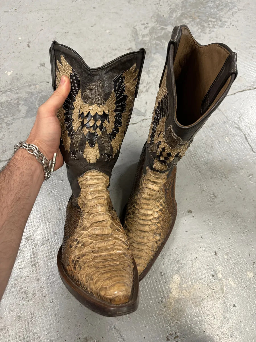 2000s Roberto Cavalli Brown & Beige Ankle Western Python Leather Boots iRsRush 4