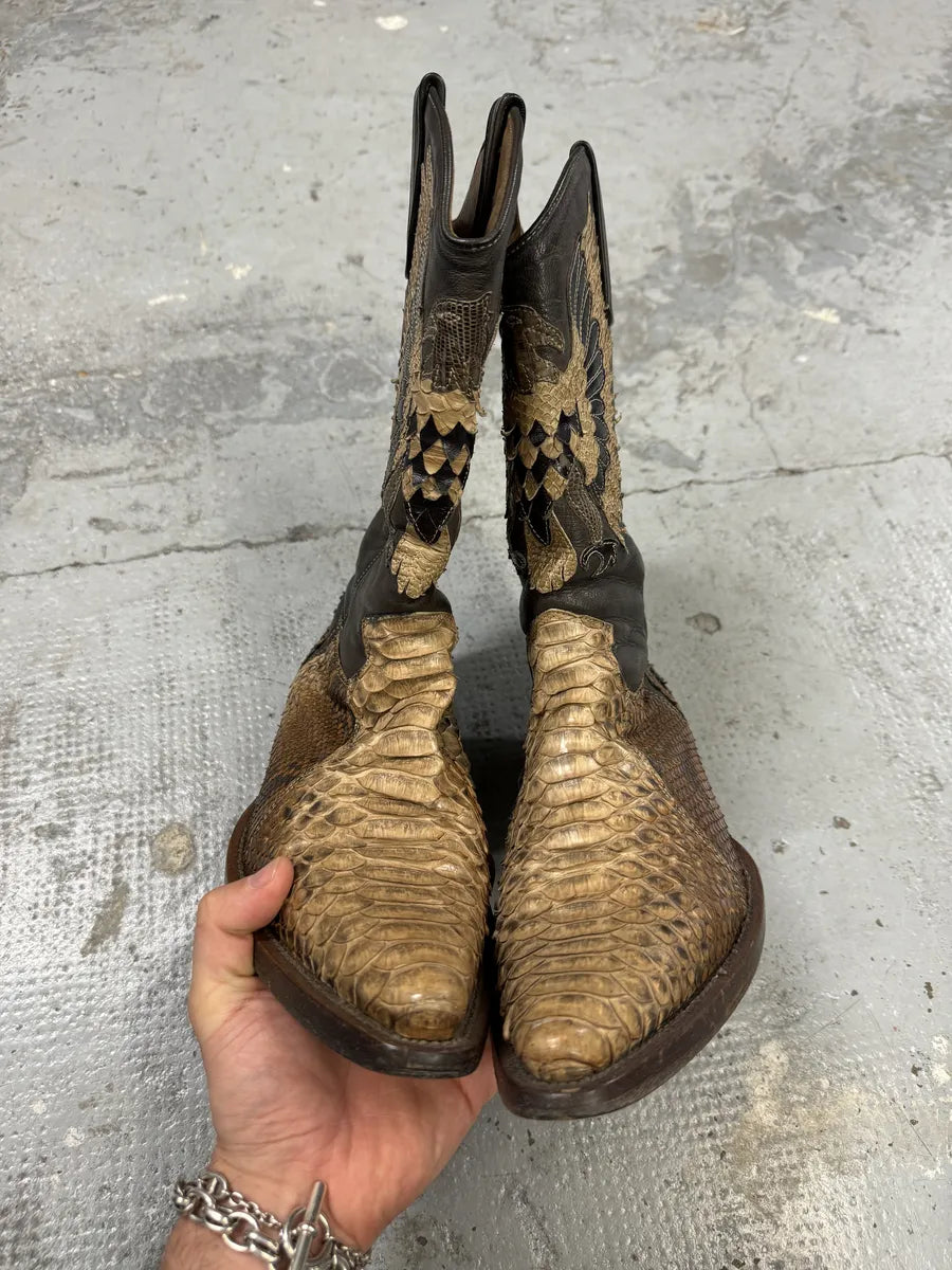 2000s Roberto Cavalli Brown & Beige Ankle Western Python Leather Boots iRsRush 5