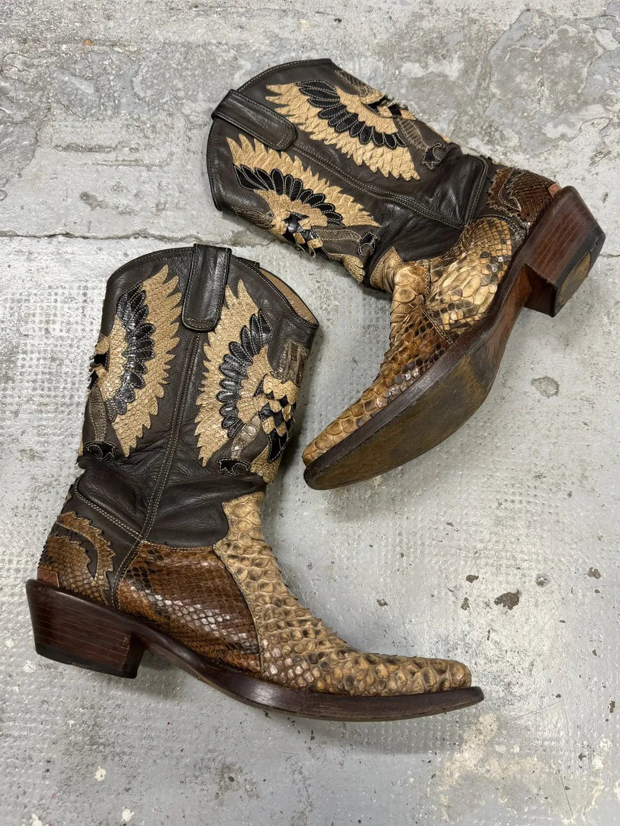 2000s Roberto Cavalli Brown & Beige Ankle Western Python Leather Boots iRsRush 8