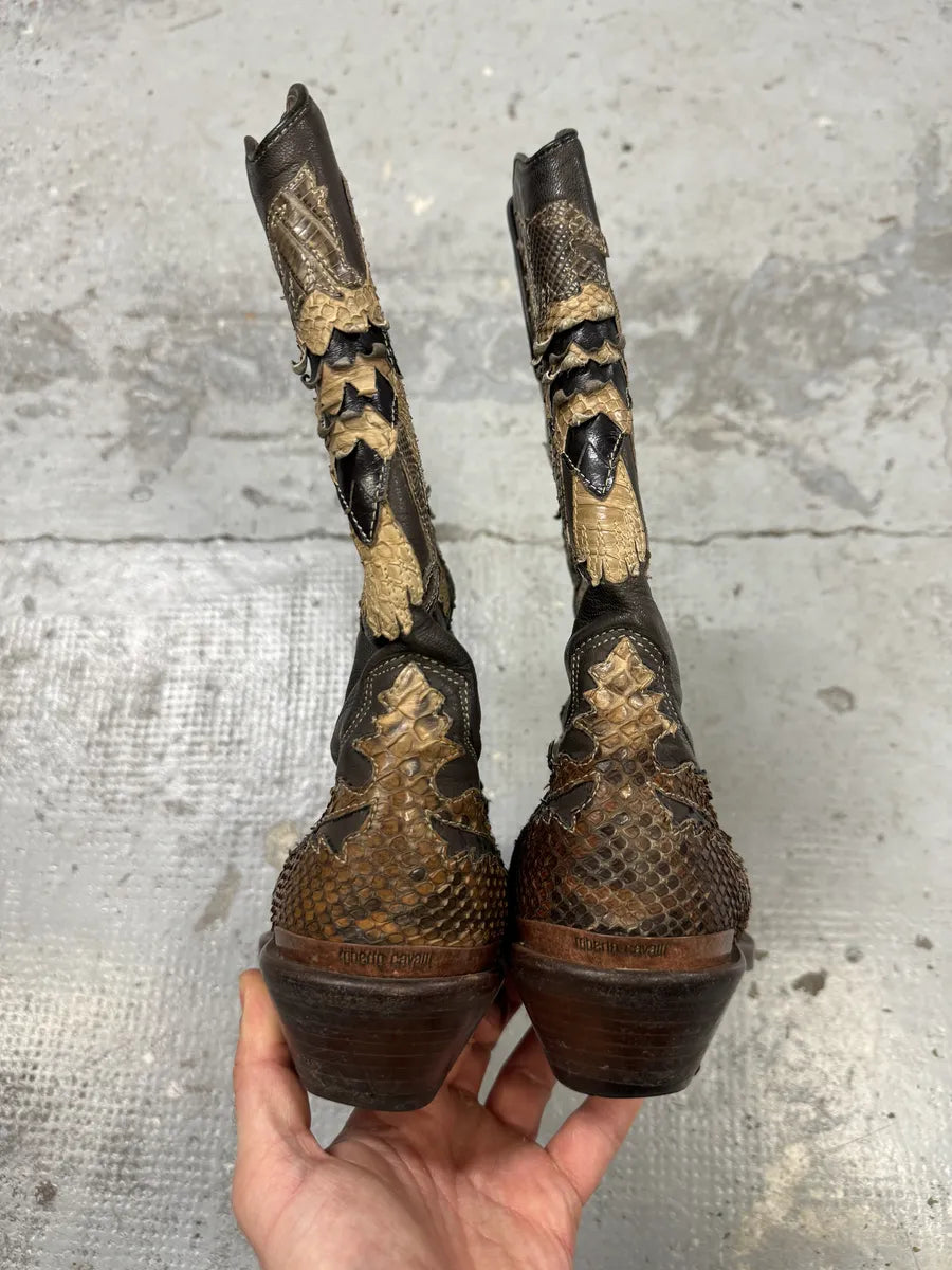 2000s Roberto Cavalli Brown & Beige Ankle Western Python Leather Boots iRsRush 9