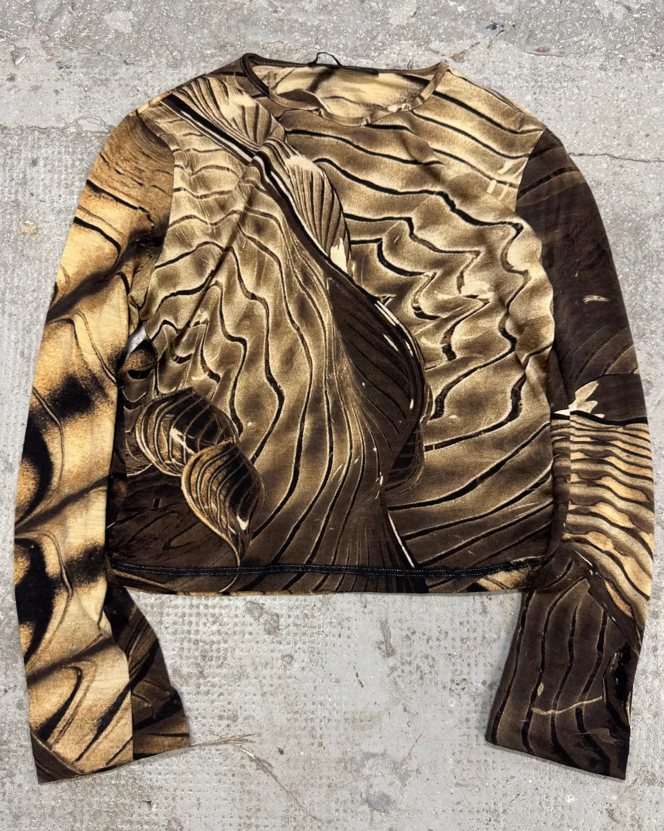 2000s Roberto Cavalli Brown Abstract Effect Longsleeves Top (S) wGZyhmv 0