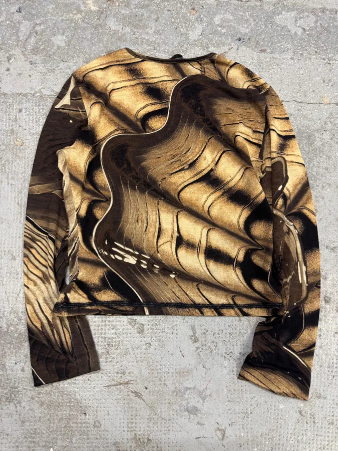 2000s Roberto Cavalli Brown Abstract Effect Longsleeves Top (S) wGZyhmv 1