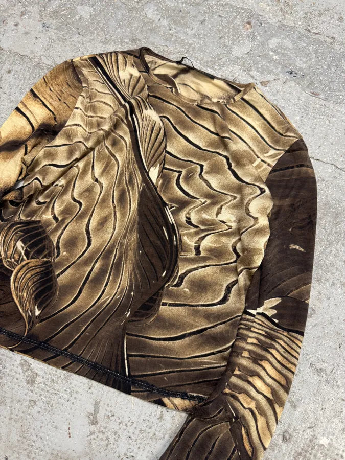 2000s Roberto Cavalli Brown Abstract Effect Longsleeves Top (S) wGZyhmv 2