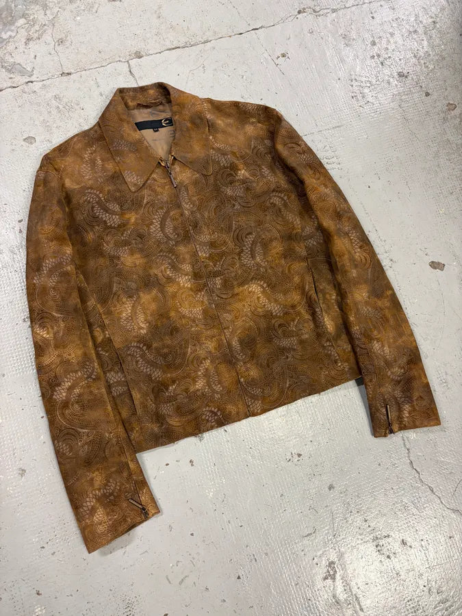 2000s Roberto Cavalli Brown Asian Dragon Leather Biker Jacket granfwp 3