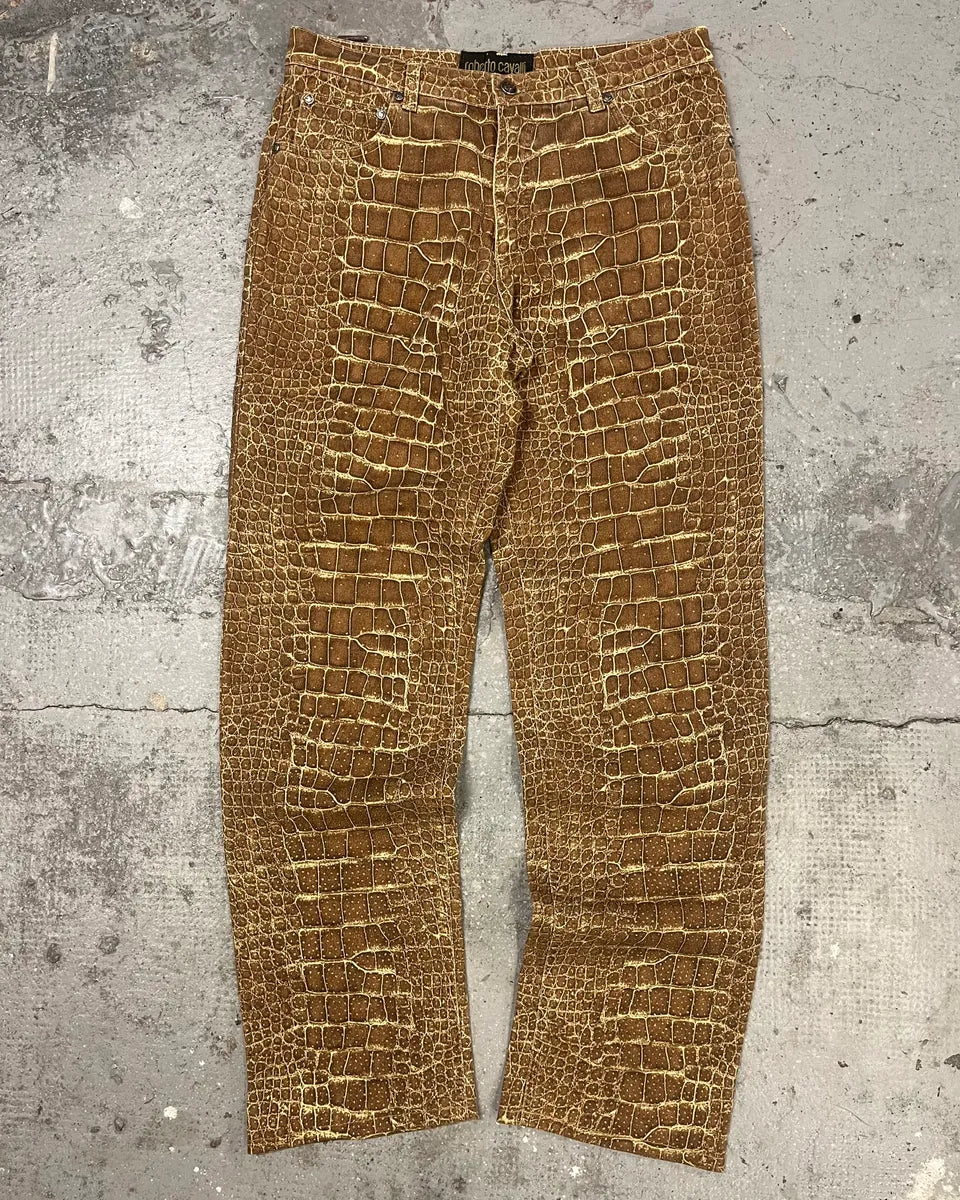 2000s Roberto Cavalli Brown Crocodile Effect Pants (M) 0