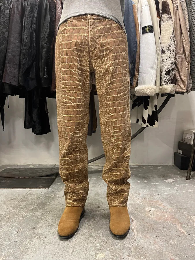 2000s Roberto Cavalli Brown Crocodile Effect Pants (M) 1