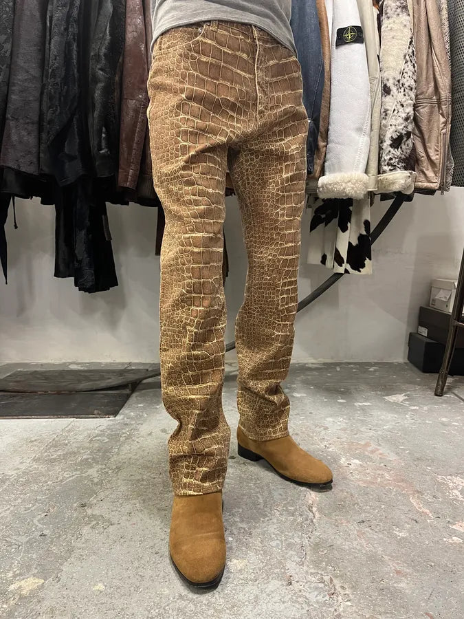 2000s Roberto Cavalli Brown Crocodile Effect Pants (M) 2