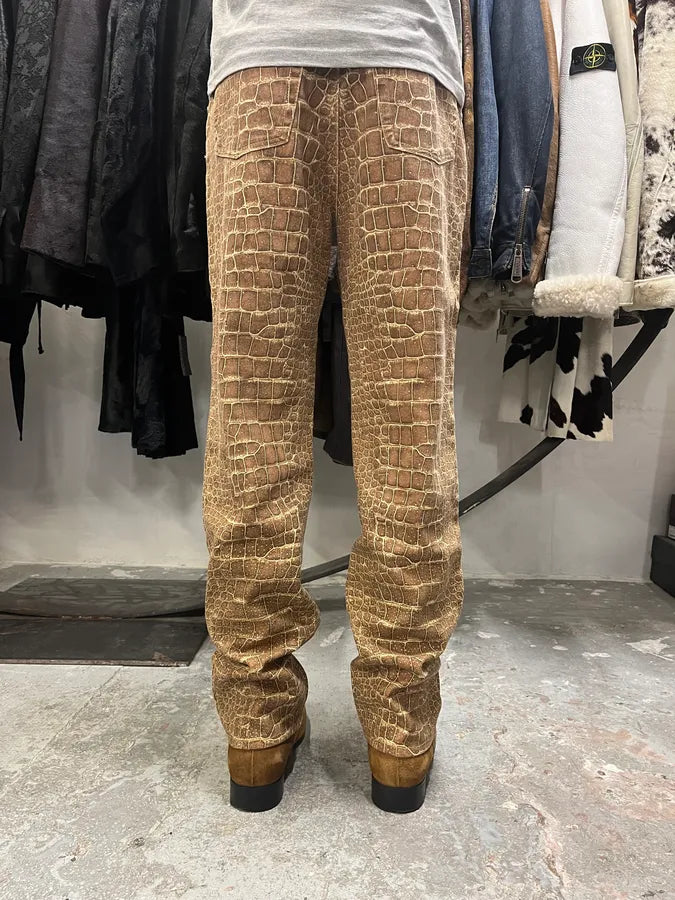 2000s Roberto Cavalli Brown Crocodile Effect Pants (M) 3