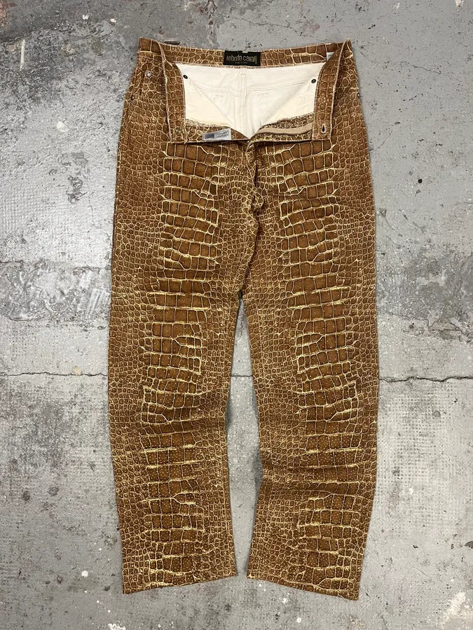 2000s Roberto Cavalli Brown Crocodile Effect Pants (M) 5