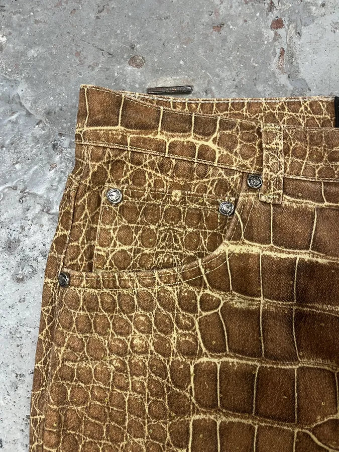 2000s Roberto Cavalli Brown Crocodile Effect Pants (M) 8