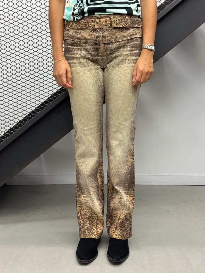 2000s Roberto Cavalli Brown Crushed Marbled Belted Pants nRSTFWc 1