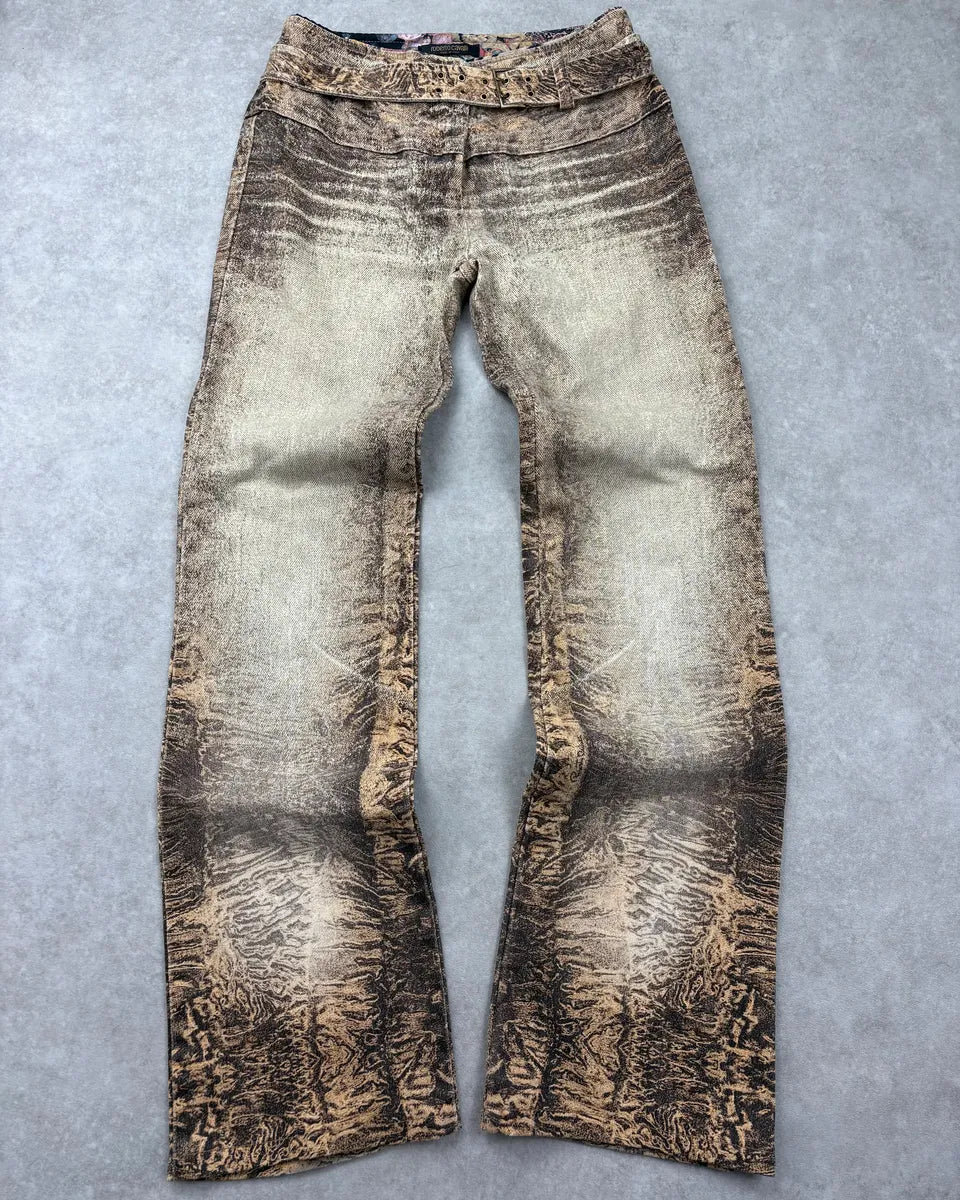 2000s Roberto Cavalli Brown Crushed Marbled Belted Pants nRSTFWc 0