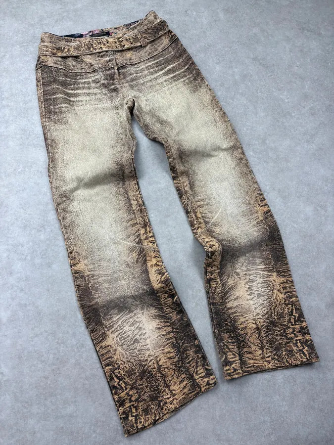 2000s Roberto Cavalli Brown Crushed Marbled Belted Pants nRSTFWc 4