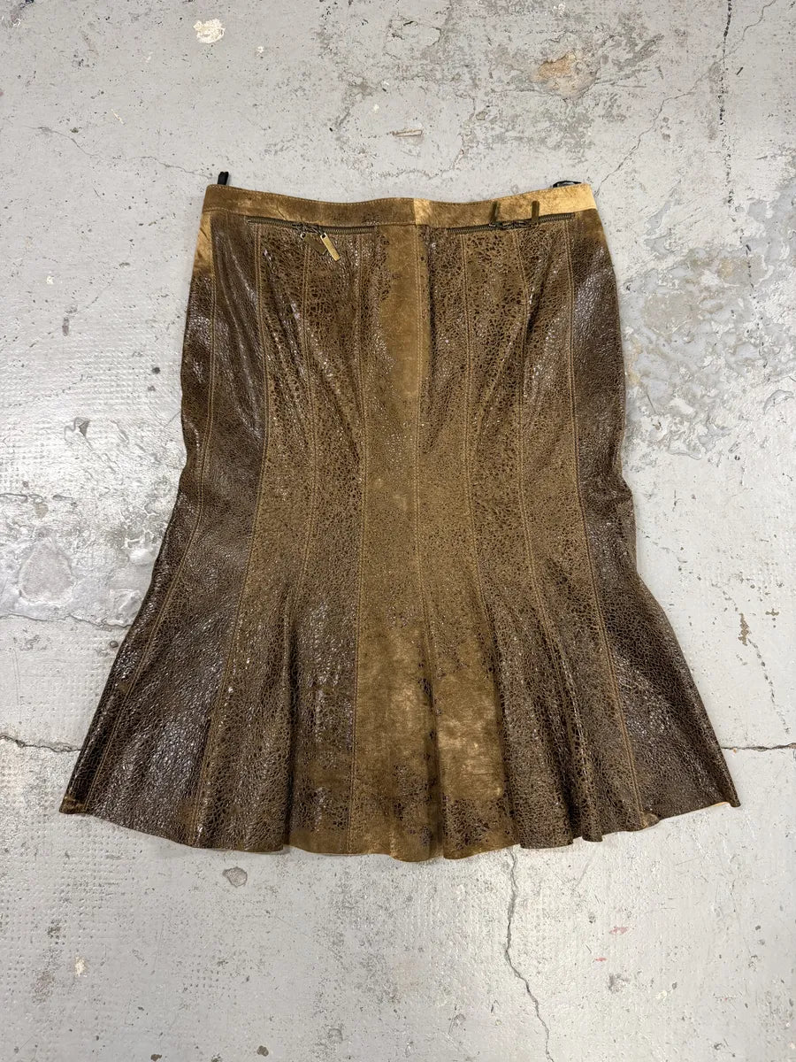 2000s Roberto Cavalli Brown Eroded Leather Skirt AAqsIHz 0