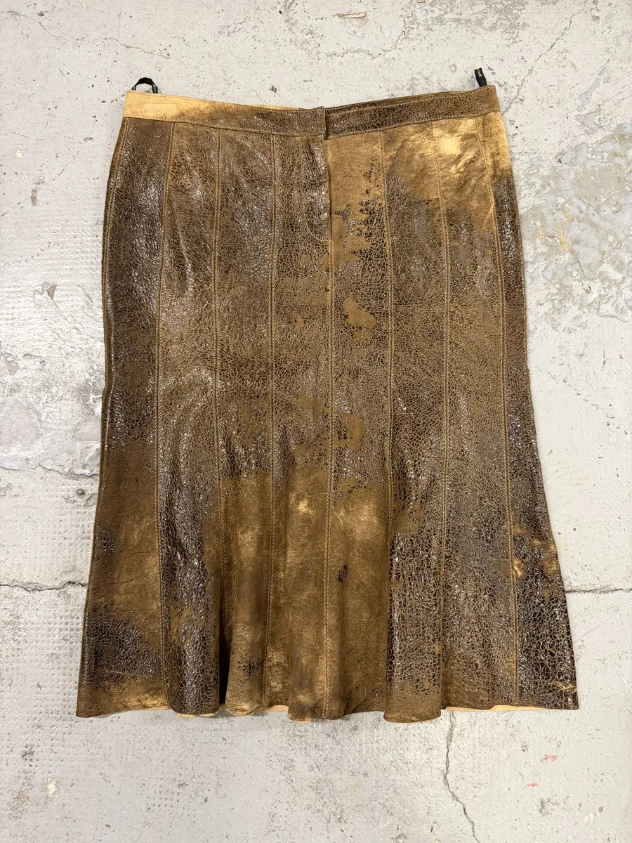 2000s Roberto Cavalli Brown Eroded Leather Skirt AAqsIHz 1