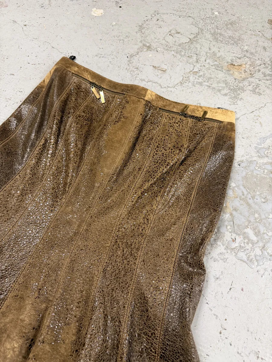 2000s Roberto Cavalli Brown Eroded Leather Skirt AAqsIHz 2