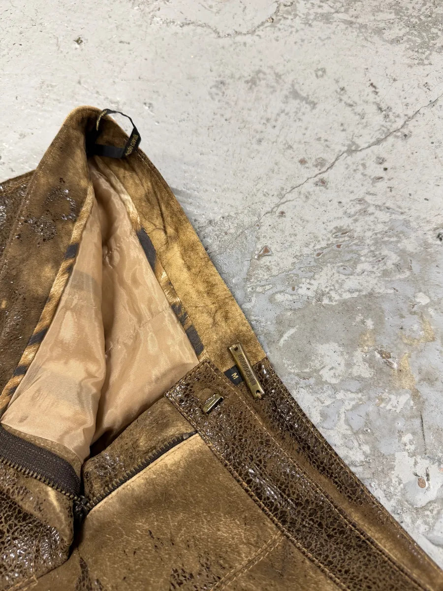2000s Roberto Cavalli Brown Eroded Leather Skirt AAqsIHz 7