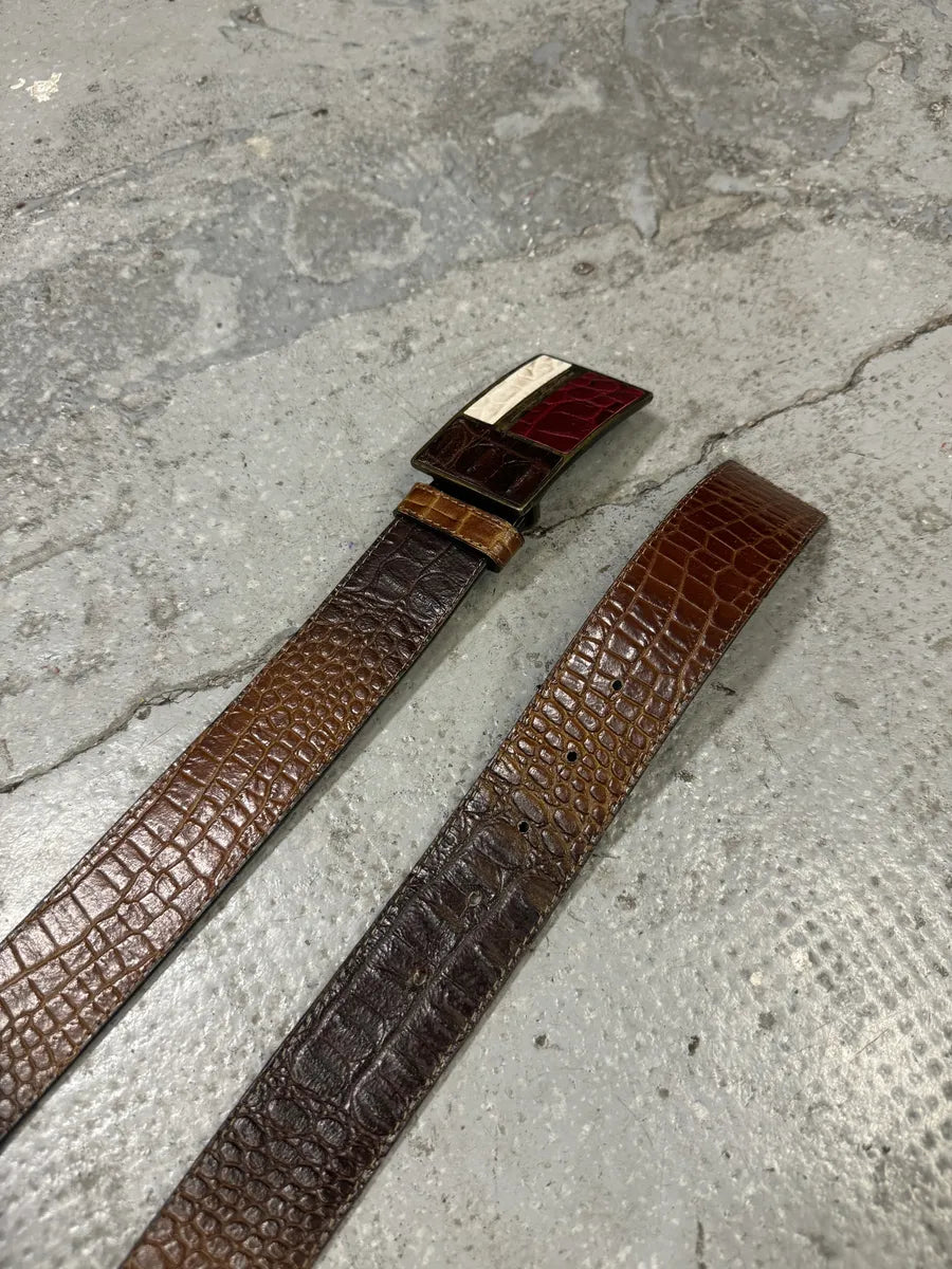 2000s Roberto Cavalli Brown Faded Crocodile Effect Pattern Leather Belt dLNTavy 2