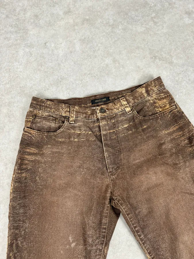 2000s Roberto Cavalli Brown Sand Eroded Flared Jeans OjEENjV 5