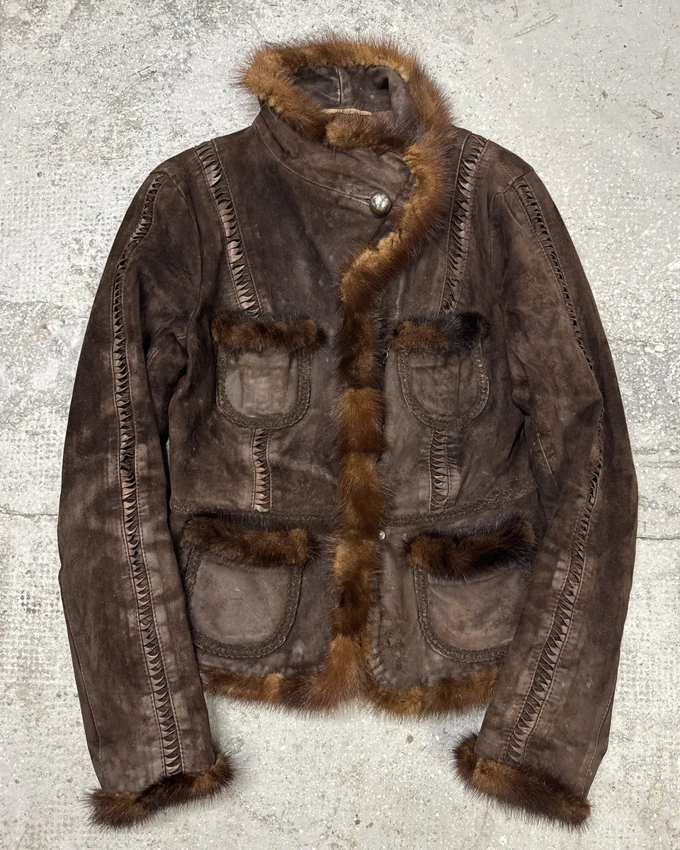 2000s Roberto Cavalli Brown Fur Asymmetrical Collar Jacket (M) 0