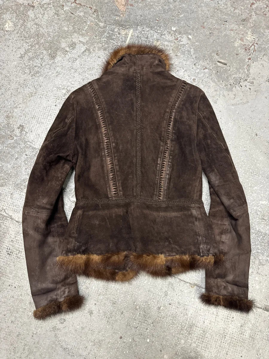 2000s Roberto Cavalli Brown Fur Asymmetrical Collar Jacket (M) 1