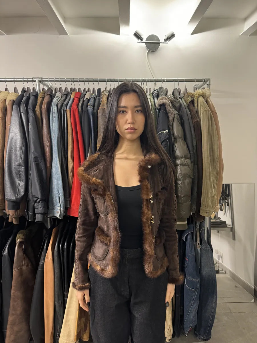 2000s Roberto Cavalli Brown Fur Asymmetrical Collar Jacket (M) 2