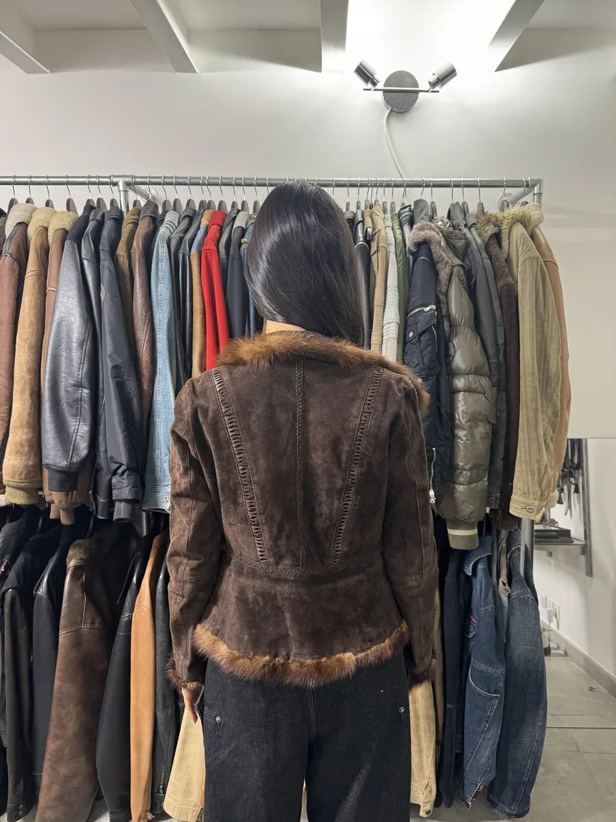 2000s Roberto Cavalli Brown Fur Asymmetrical Collar Jacket (M) 3