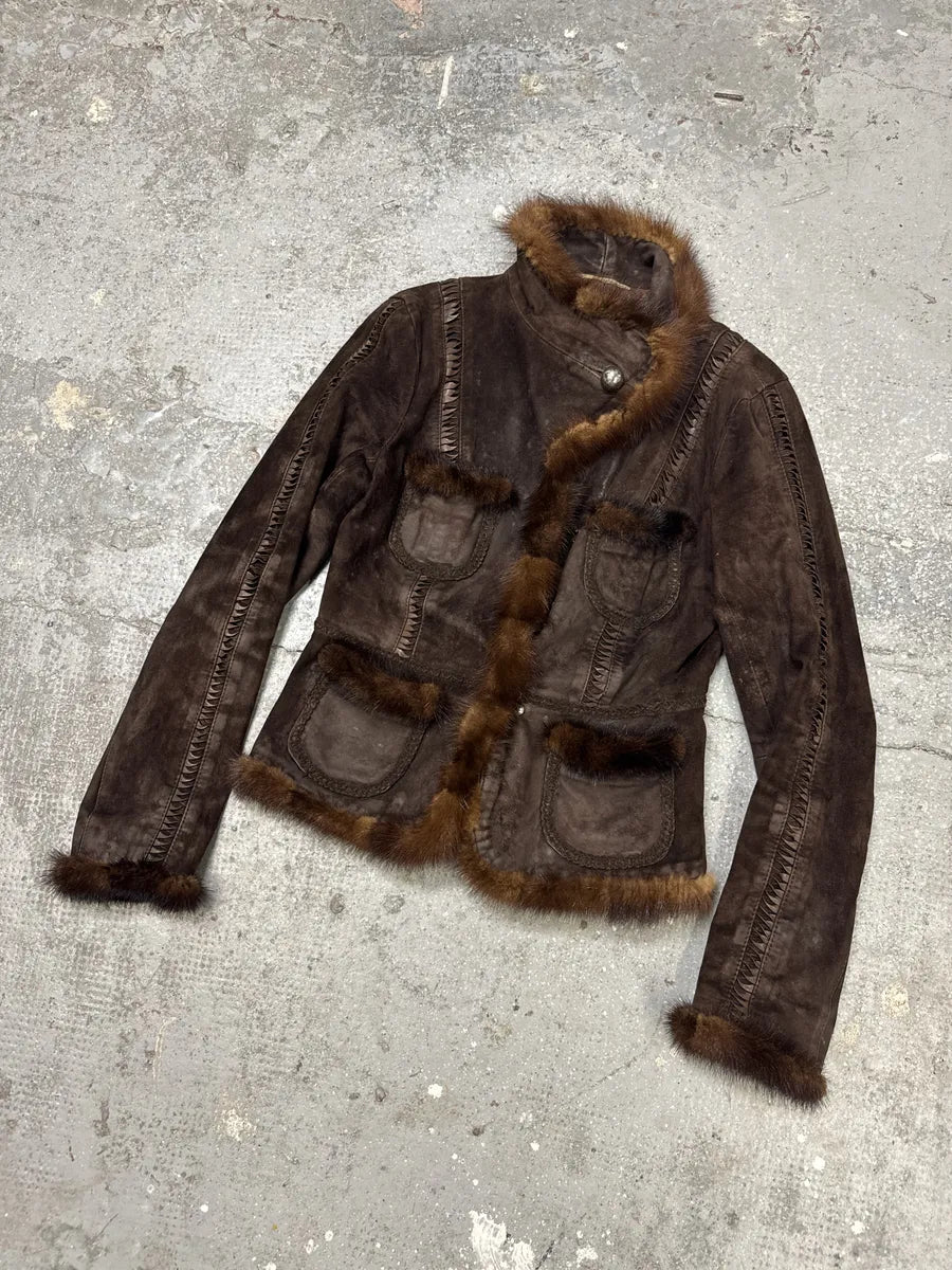 2000s Roberto Cavalli Brown Fur Asymmetrical Collar Jacket (M) 4