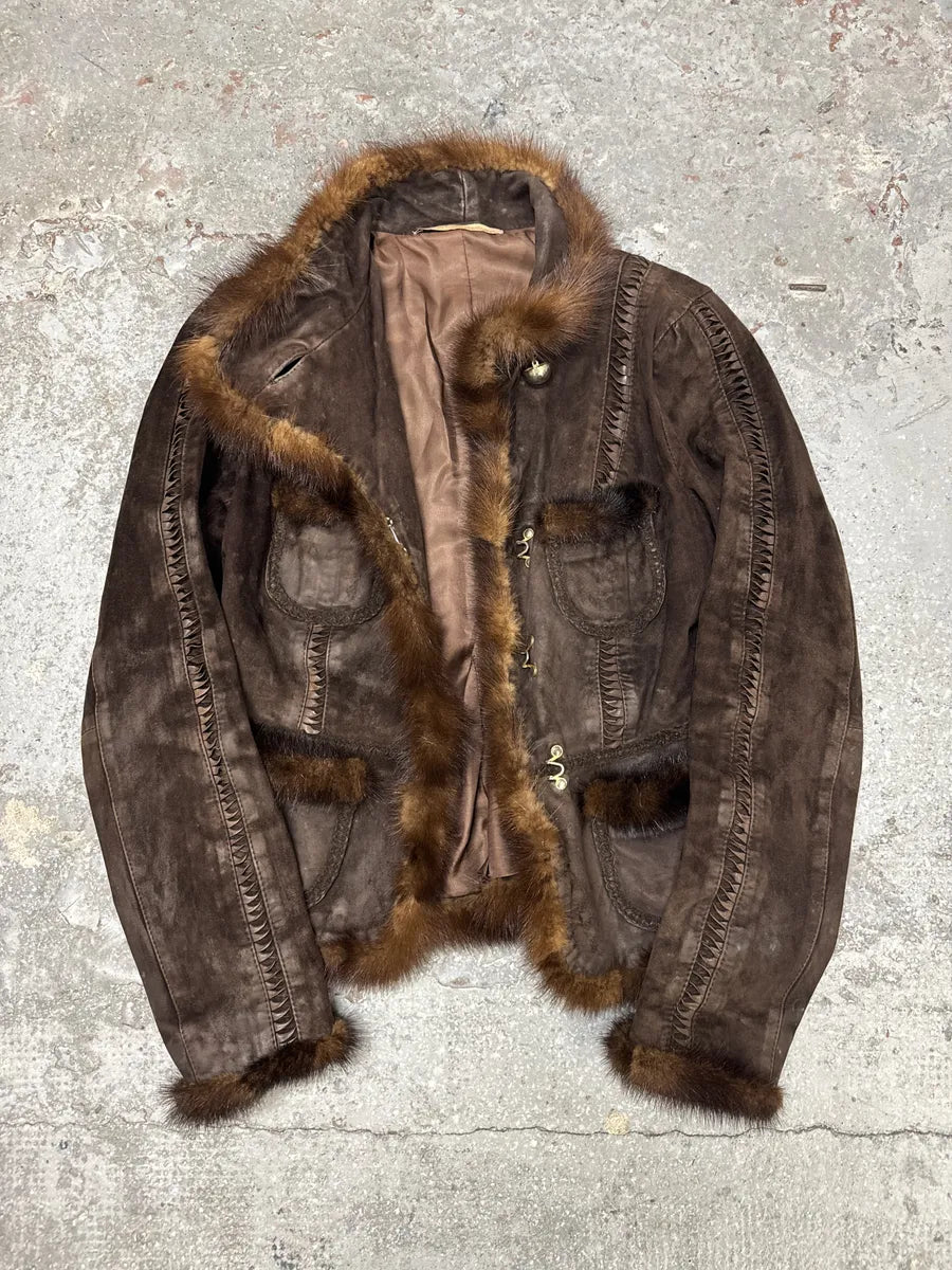 2000s Roberto Cavalli Brown Fur Asymmetrical Collar Jacket (M) 5