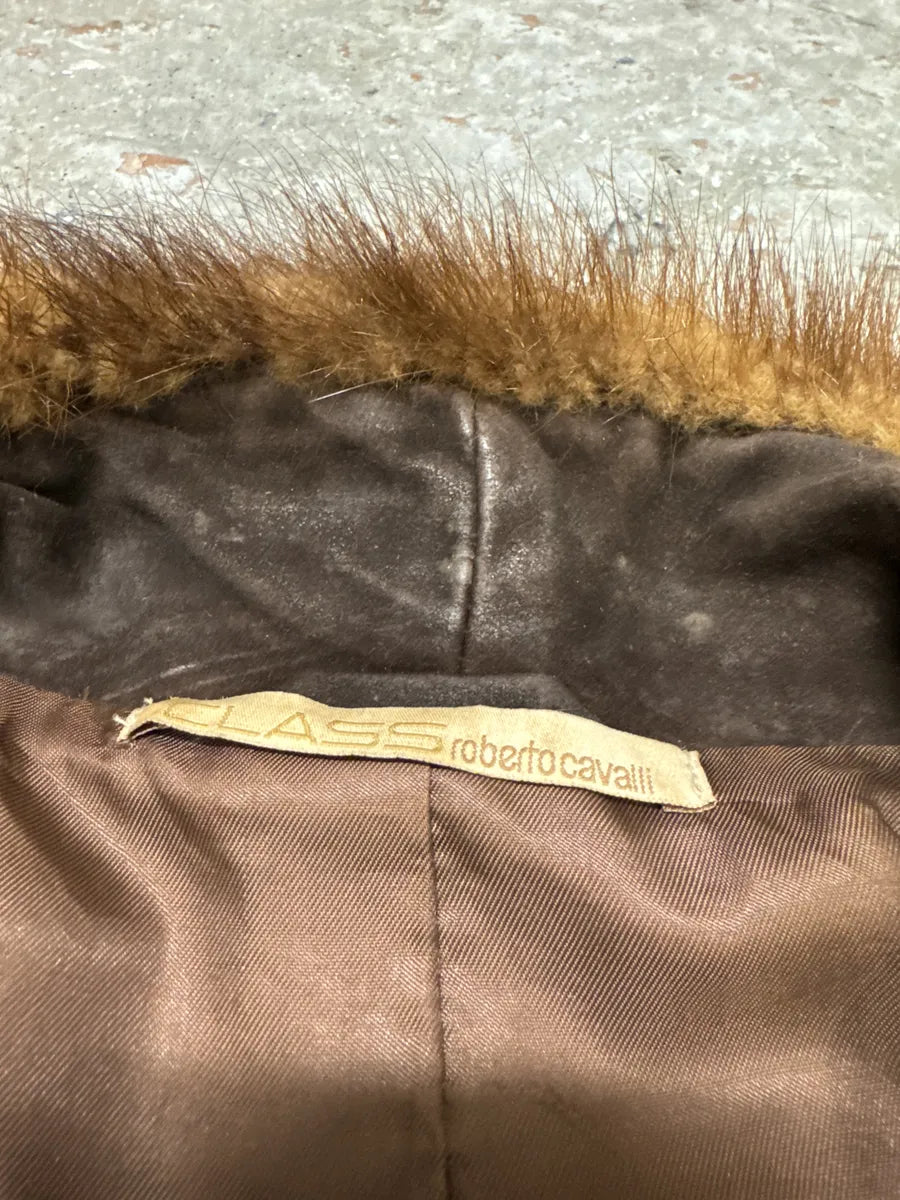 2000s Roberto Cavalli Brown Fur Asymmetrical Collar Jacket (M) 8